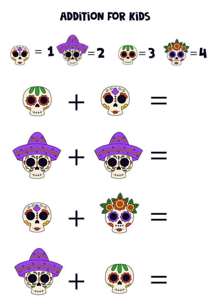 Addition for kids with different cute Mexican skulls. vector