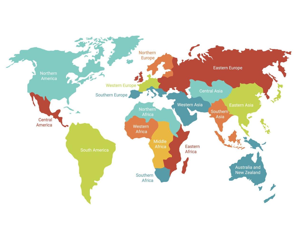 mapa mundial con territorios resaltados. continentes coloreados con divisiones geográficas globales. vector