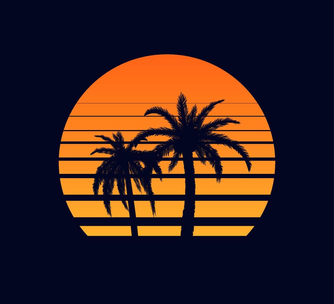 puesta de sol naranja retro. rayos vespertinos poniéndose el sol dos palmeras contra el fondo de onda sintética de un diseño electrónico abstracto en tira al estilo de 80 cuadrículas fantásticas de paisaje vectorial futurista. vector