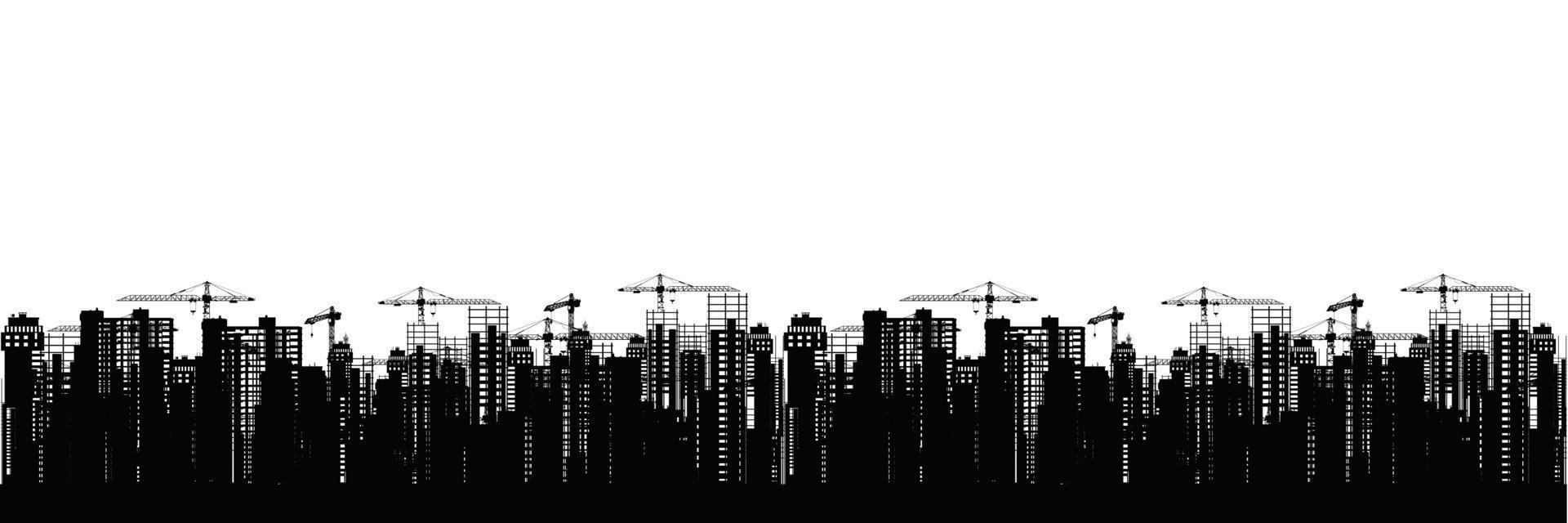 paisaje de construcción de la ciudad. siluetas de rascacielos negros en construcción con grúas contra el panorama vectorial de fondo blanco. vector