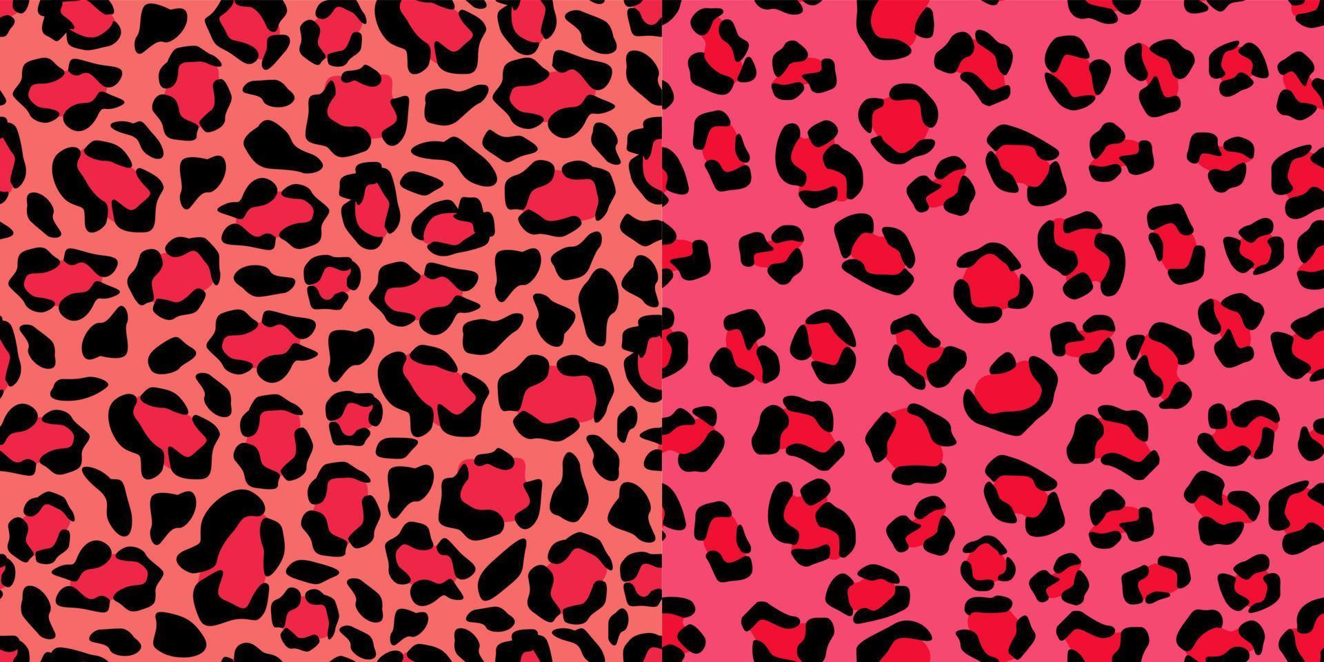 Jaguar pink tracery seamless pattern. Puma crimson spots with black cheetah outlines in vivid scheme red leopard vector color.