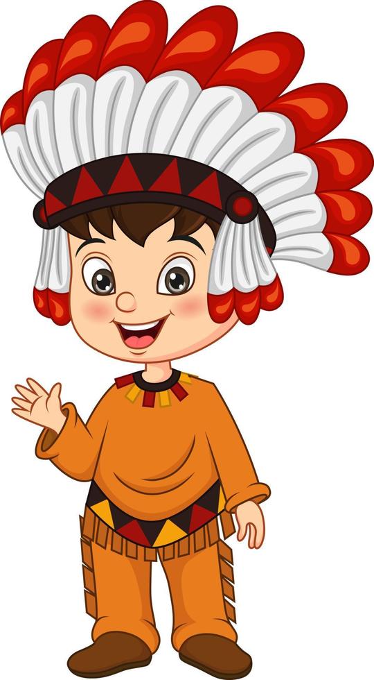 Cartoon american indian boy waving hand vector