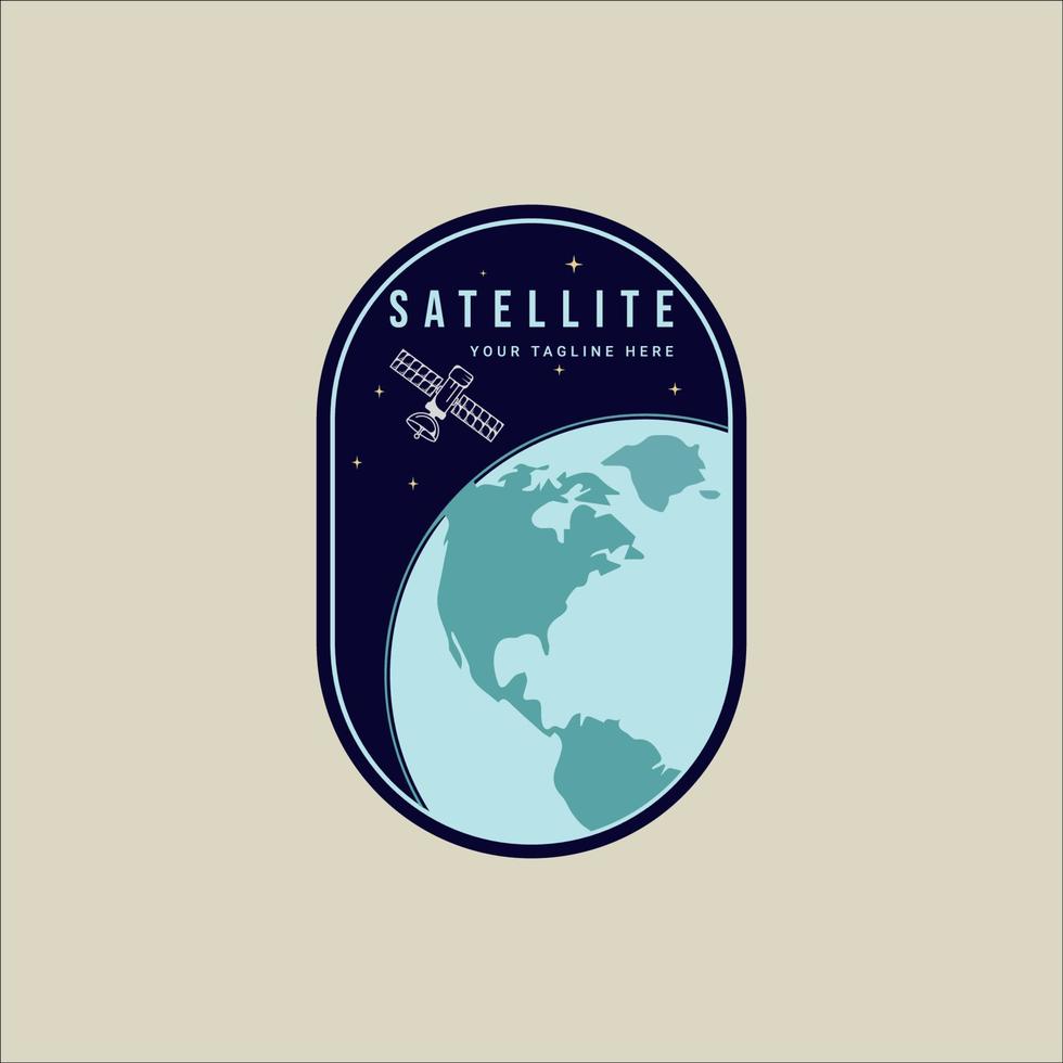 emblema de satélite en la tierra logotipo moderno vector ilustración plantilla icono diseño gráfico. señal o símbolo de comunicación de radar y antena para tecnología espacial digital con insignia