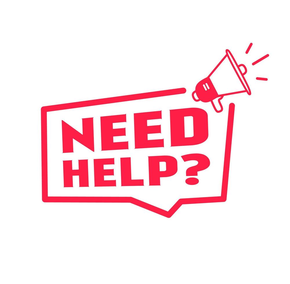 Need help banner, label, badge, flat icon megaphone. Vector design.