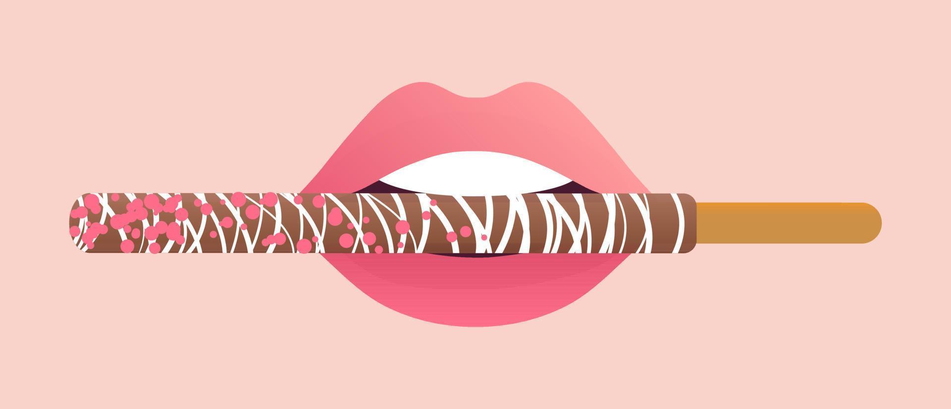 Chocolate dipped pepero stick in pink lips vector illustration