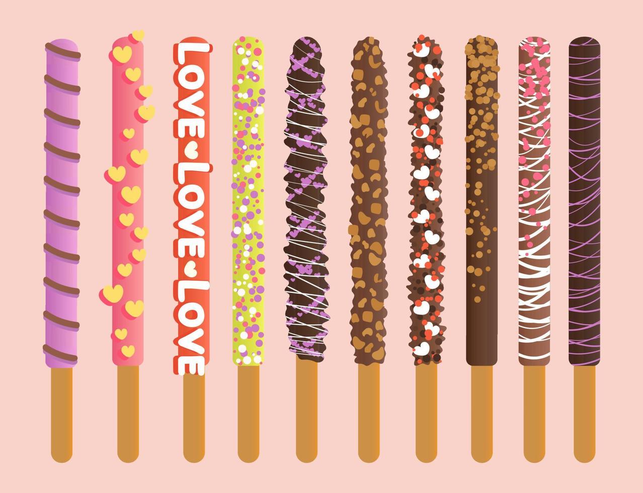 Variados palos de pepero bañados en chocolate ilustración vectorial vector