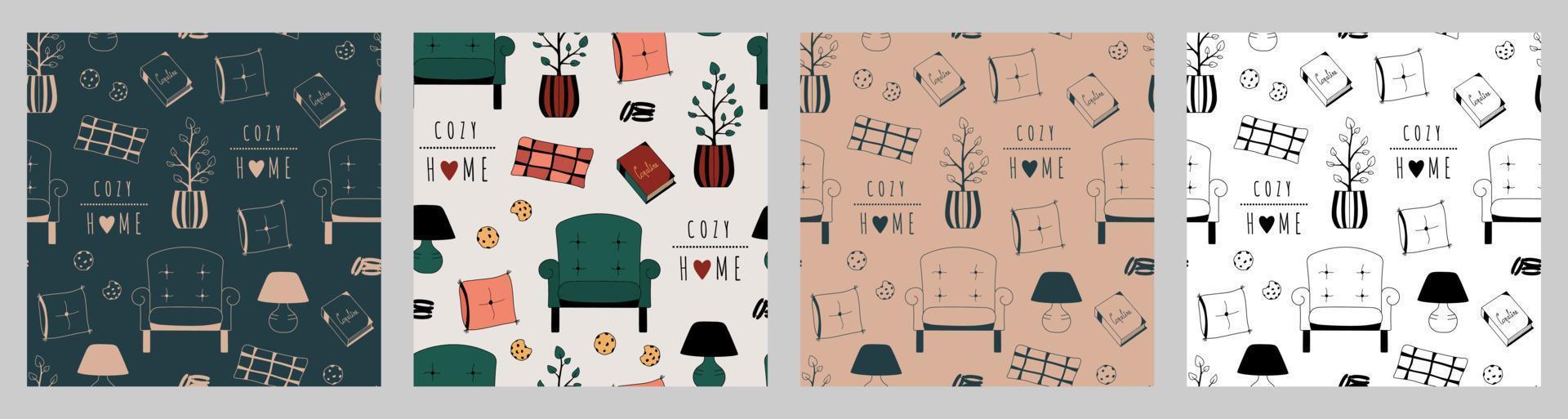 Set of cozy home seamless pattern. Hand drawn prints with armchair, pillows, cookies, lamp. Interior items vector doodle background