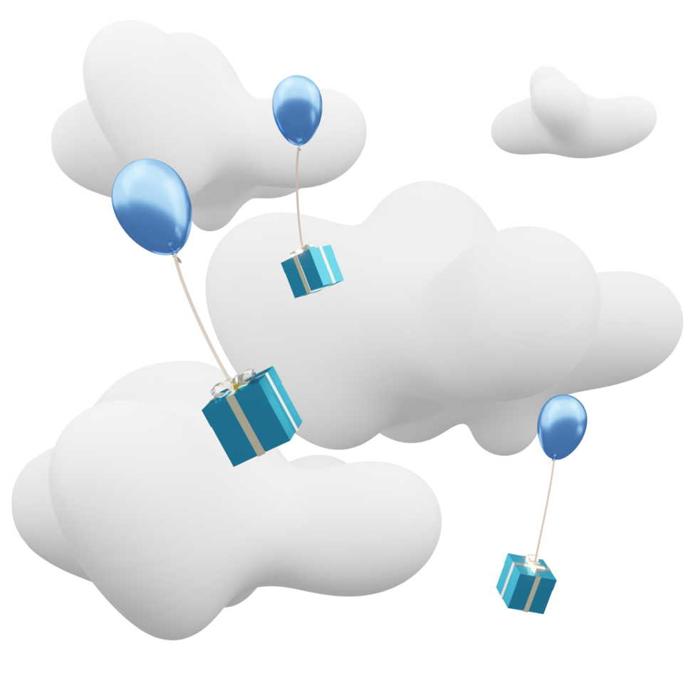 balloons and gift boxes floating in the sky cloudy day 3d illustration png