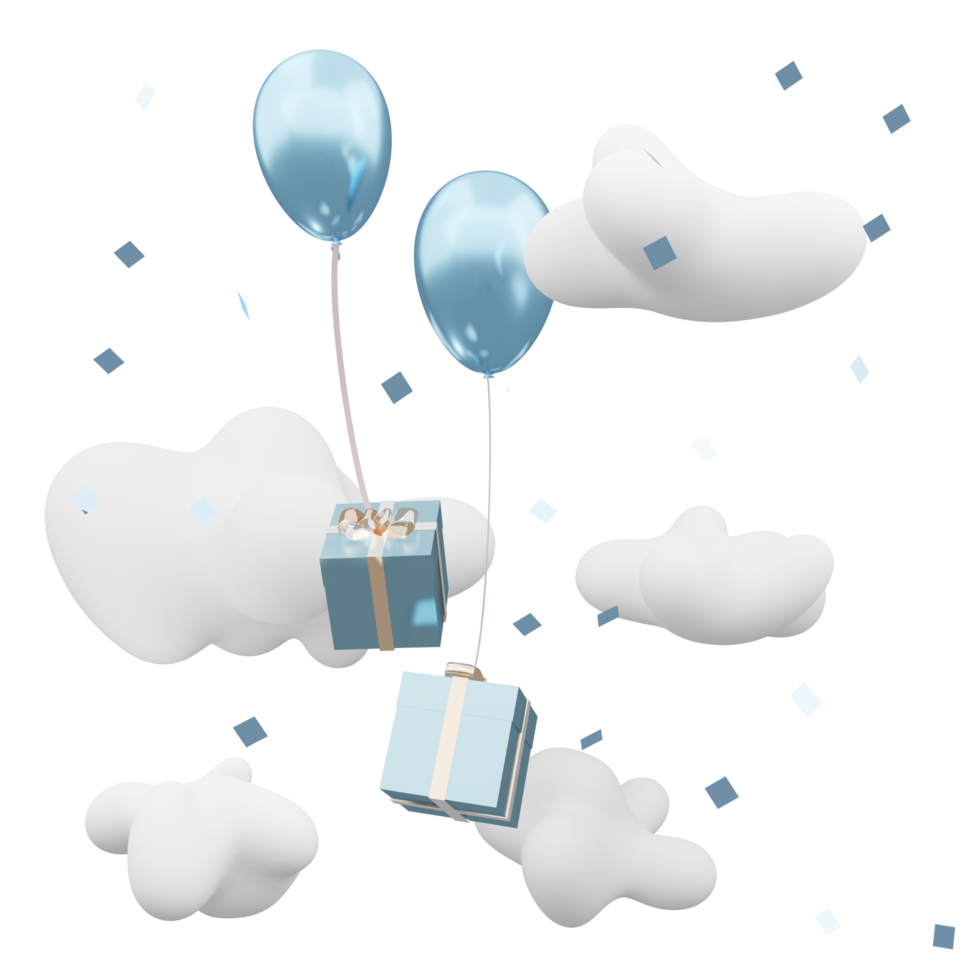 luftballons und geschenkboxen, die im himmel schweben, bewölkter tag 3d-illustration png