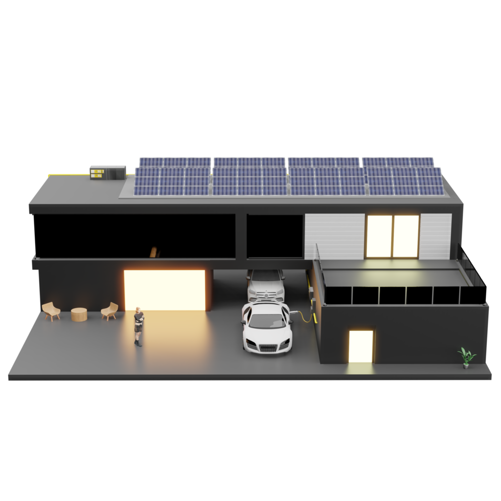 charger electric carin the building house roof and solar panels smart home solar photovoltaic 3d illustration png