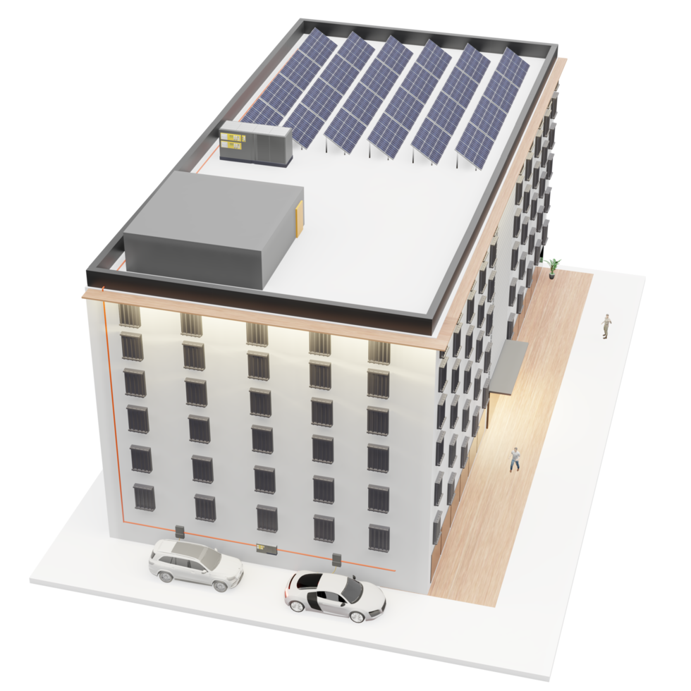 lägenhet hus tak med sol- paneler elektrisk bil laddare i byggnad smart Hem sol- hus 3d illustration png