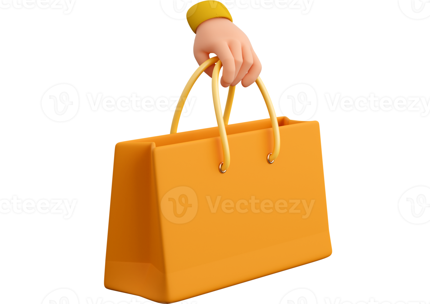 Realistic orange paper shopping bag with holding human hand. Concept of black friday or halloween and autumn sales, present or surprise. 3d high quality isolated render png