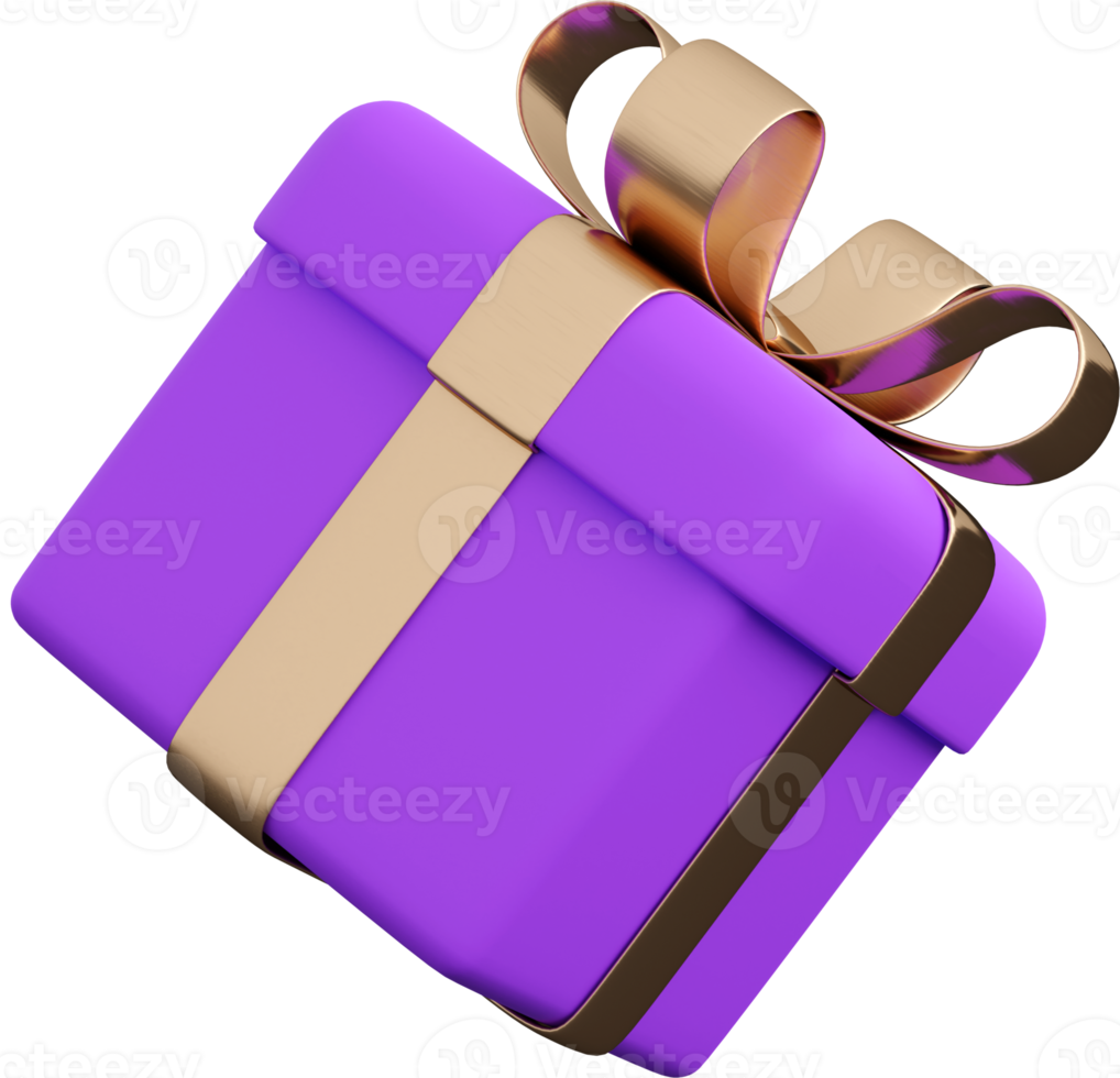 Realistic violet gift box with golden ribbon bow. Concept of abstract holiday, birthday or wedding present or surprise. 3d high quality isolated render png