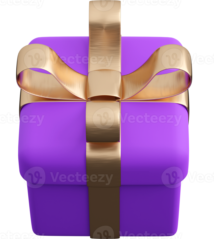 realistische violette geschenkbox mit goldener bandschleife. konzept des abstrakten feiertags-, geburtstags- oder hochzeitsgeschenks oder der überraschung. 3d hochwertiges isoliertes rendern png