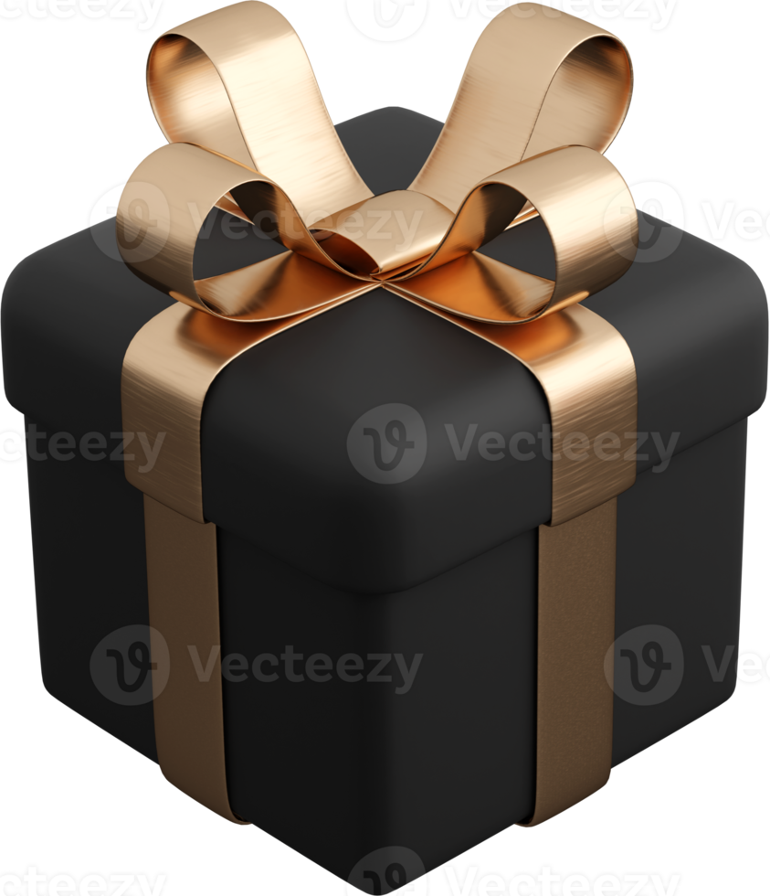 Realistic black gift box with golden ribbon bow. Concept of abstract holiday, birthday or wedding present or surprise. 3d high quality isolated render png