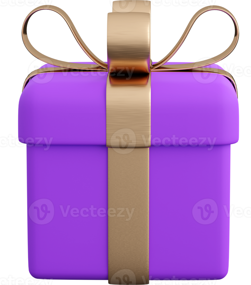 Realistic violet gift box with golden ribbon bow. Concept of abstract holiday, birthday or wedding present or surprise. 3d high quality isolated render png