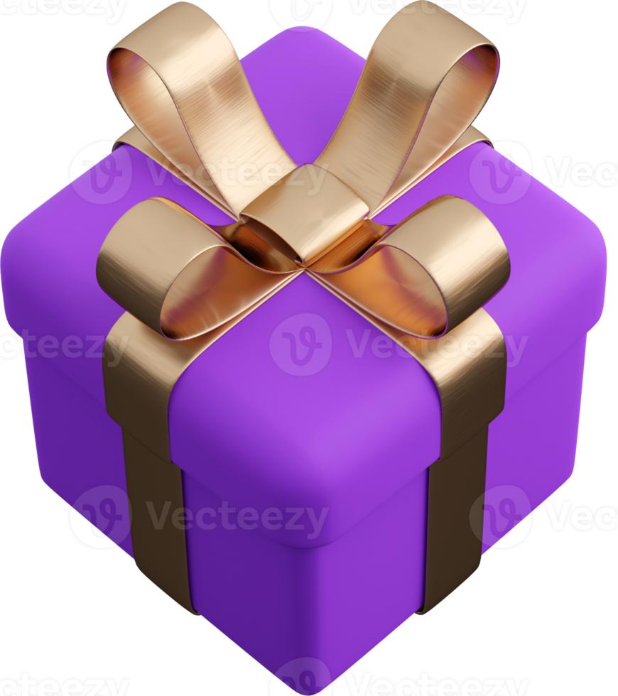 Realistic violet gift box with golden ribbon bow. Concept of abstract holiday, birthday or wedding present or surprise. 3d high quality isolated render png