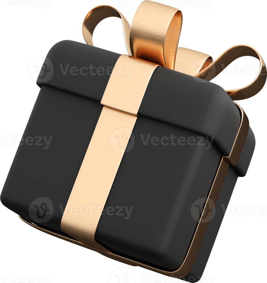 Realistic black gift box with golden ribbon bow. Concept of abstract holiday, birthday or wedding present or surprise. 3d high quality isolated render png
