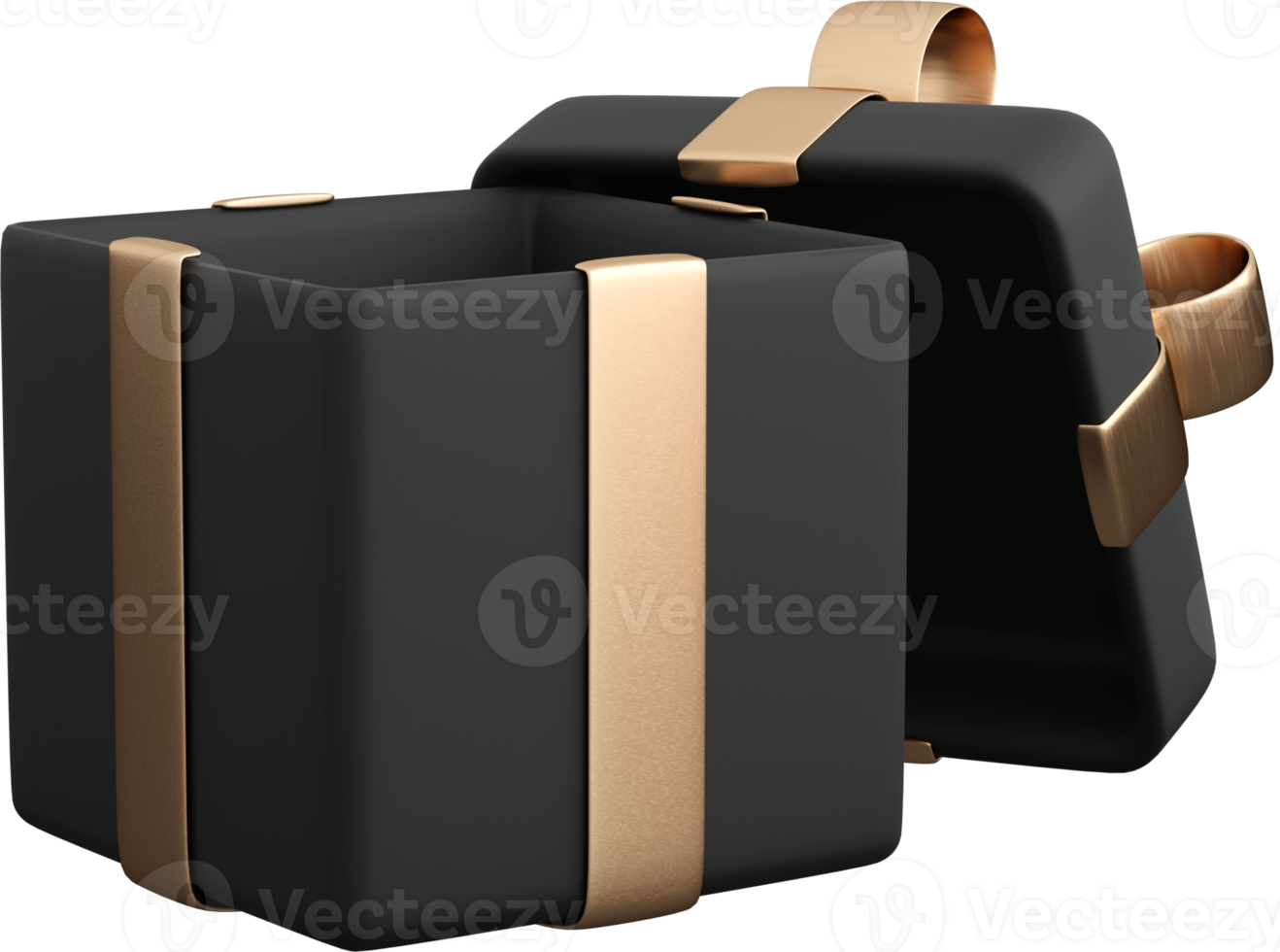 Realistic black open gift box with golden ribbon bow. Concept of abstract holiday, birthday or wedding present or surprise. 3d high quality isolated render png