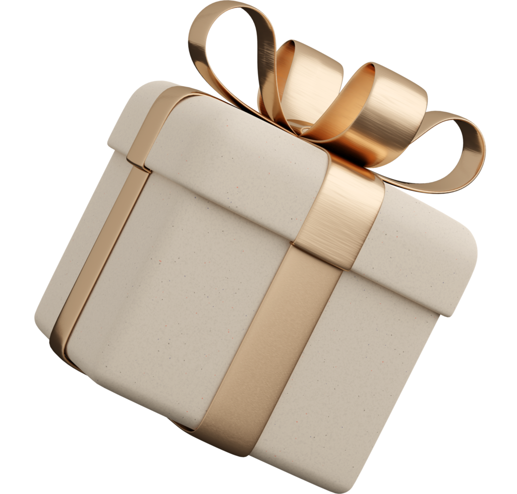 Realistic white paper gift box with golden ribbon bow. Concept of abstract holiday, birthday or wedding present or surprise. 3d high quality isolated render png