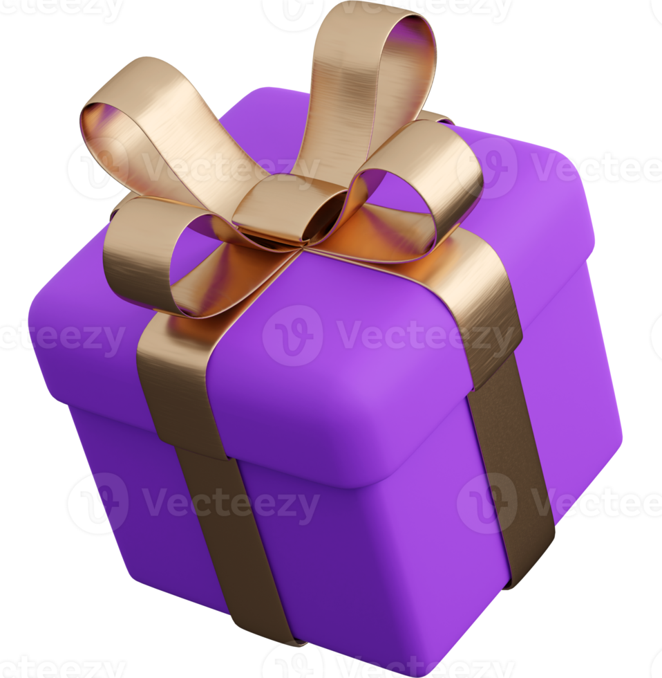 Realistic violet gift box with golden ribbon bow. Concept of abstract holiday, birthday or wedding present or surprise. 3d high quality isolated render png