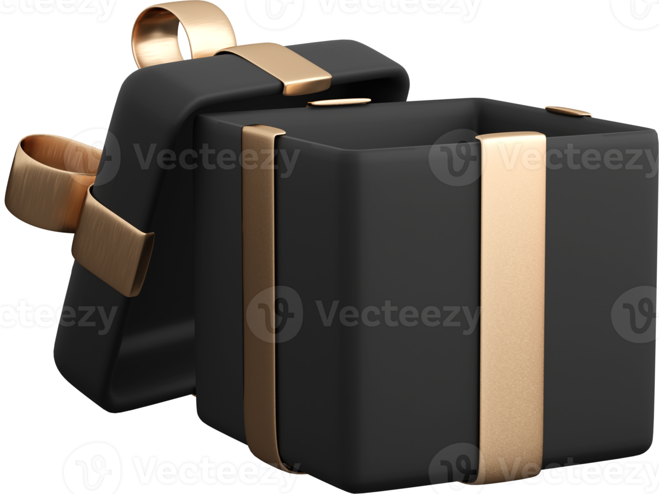 Realistic black open gift box with golden ribbon bow. Concept of abstract holiday, birthday or wedding present or surprise. 3d high quality isolated render png