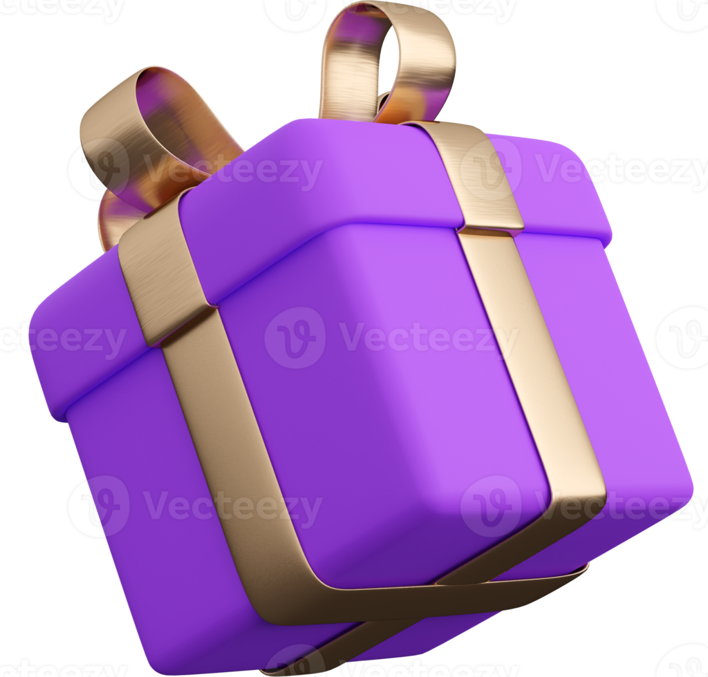 Realistic violet gift box with golden ribbon bow. Concept of abstract holiday, birthday or wedding present or surprise. 3d high quality isolated render png