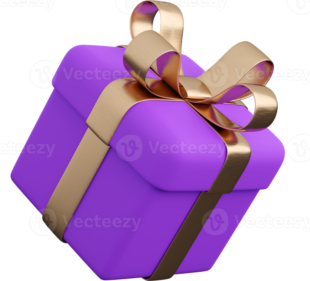 Realistic violet gift box with golden ribbon bow. Concept of abstract holiday, birthday or wedding present or surprise. 3d high quality isolated render png