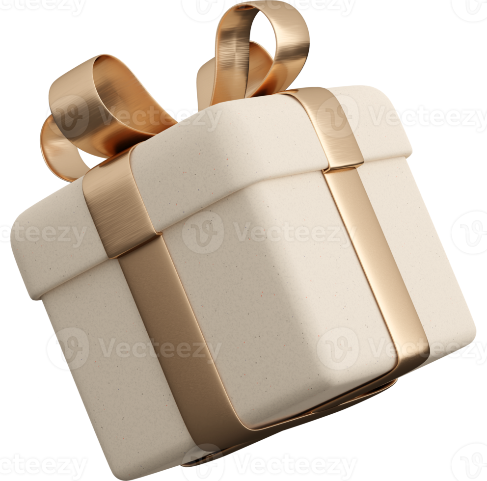 Realistic white paper gift box with golden ribbon bow. Concept of abstract holiday, birthday or wedding present or surprise. 3d high quality isolated render png