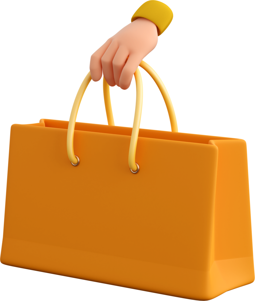 Realistic orange paper shopping bag with holding human hand. Concept of black friday or halloween and autumn sales, present or surprise. 3d high quality isolated render png