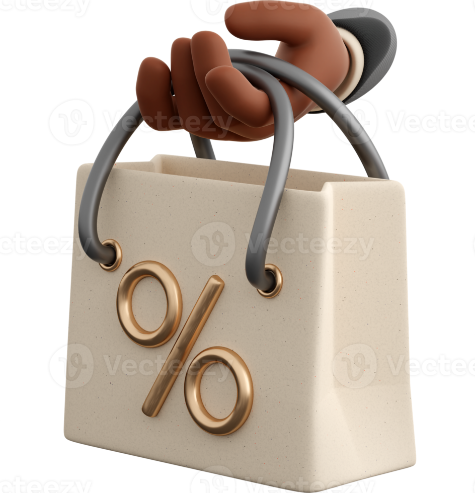 Realistic white paper shopping bag with percent symbol and holding human hand. Concept of Black Friday or Christmas and autumn sales, present or surprise. 3d high quality render png