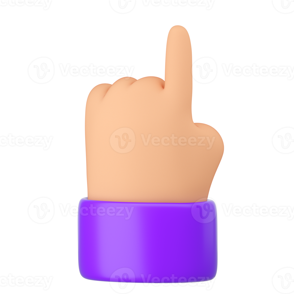 Pointing human hand. Touch, click or attention one finger sign of cartoon character. Realistic 3d high quality render isolated png