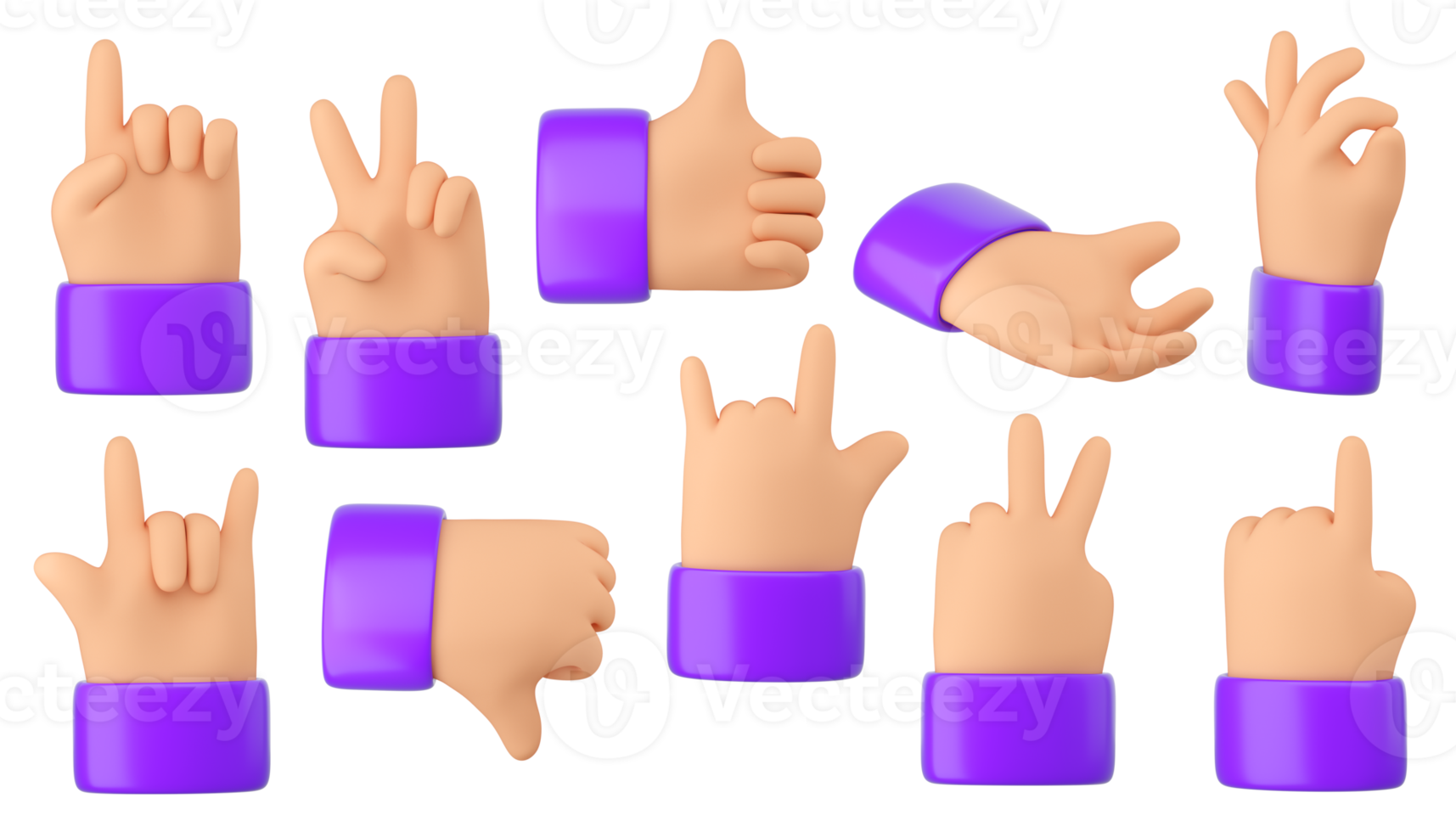 Human hands gestures set in plastic cartoon style. Pointing, peace, thumb up and down, ok and rock. Concept for business design ideas or social media and apps icons. png