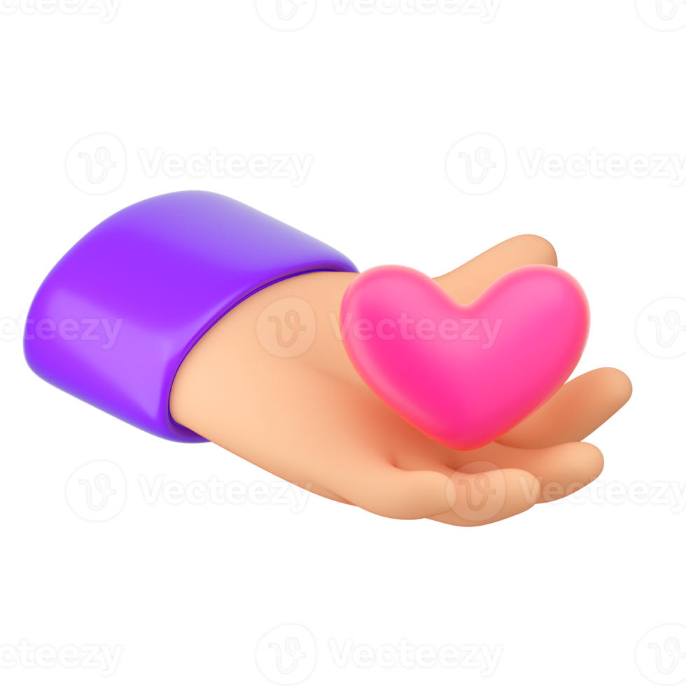 Human hand holding pink heart. Love, like, romantic, peace, donor or donation concept. Icon for social media. Realistic 3d high quality render isolated png