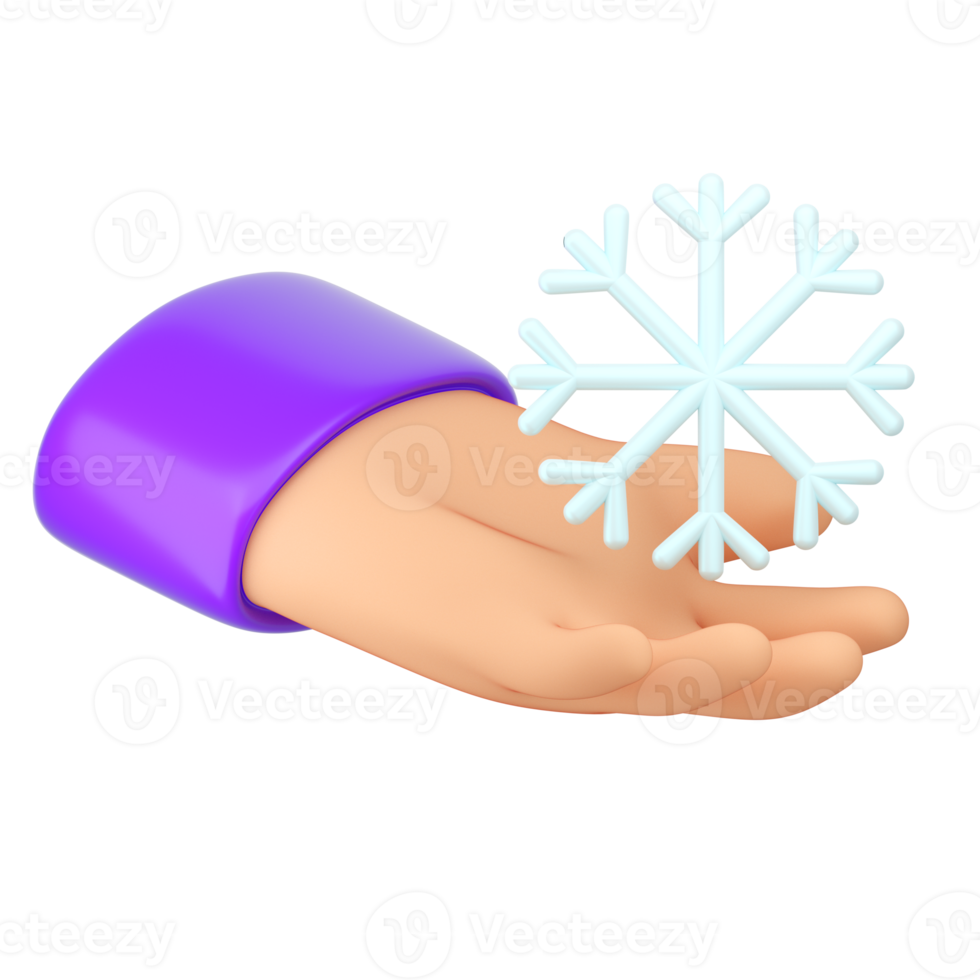 3d mänsklig händer innehav tecknad serie plast snöflinga. vinter- väder, högtider och jul begrepp hög kvalitet isolerat framställa png