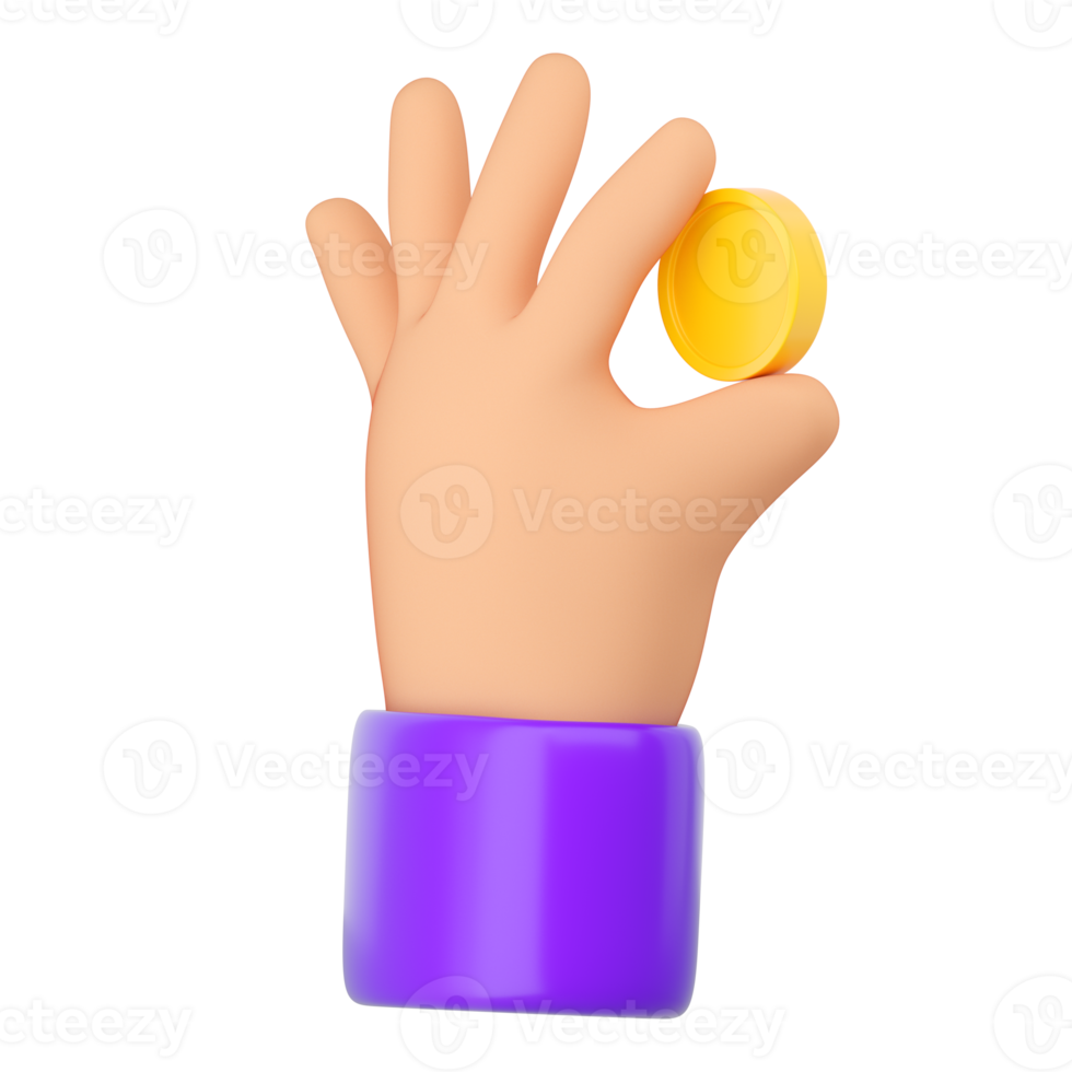 3d menschliche Hand, die Gelbgoldmünze hält. online-zahlung, mobile bankind, transaktions- und einkaufskonzept. hochwertiges isoliertes rendern png