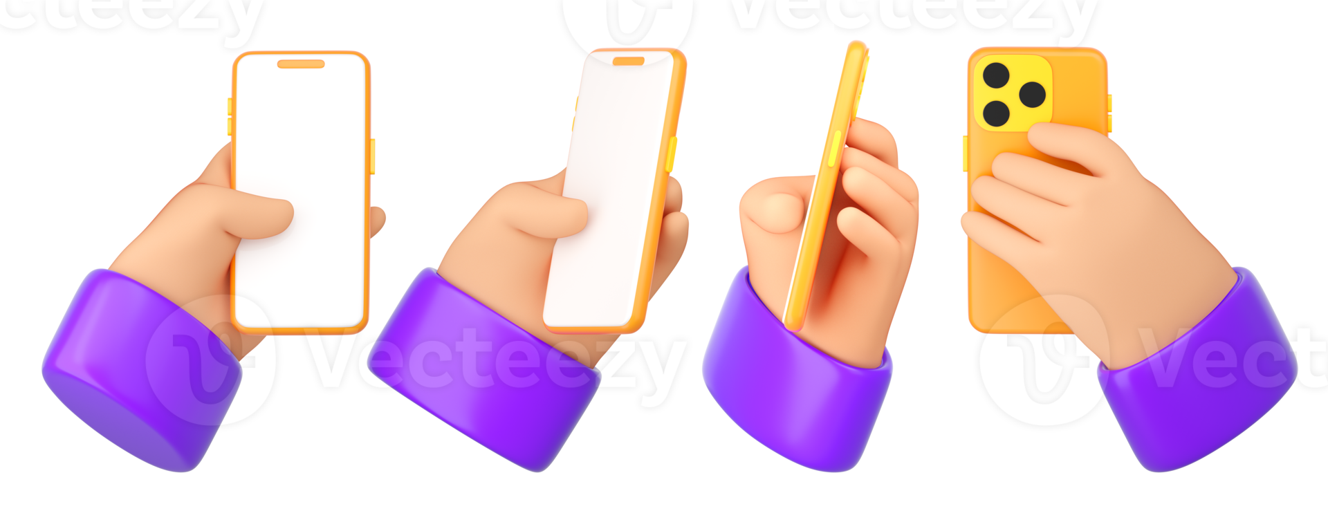 3d cartoon human hands holding smartphone set. Using mobile phone concept. Realistic 3d high quality render isolated on white background png