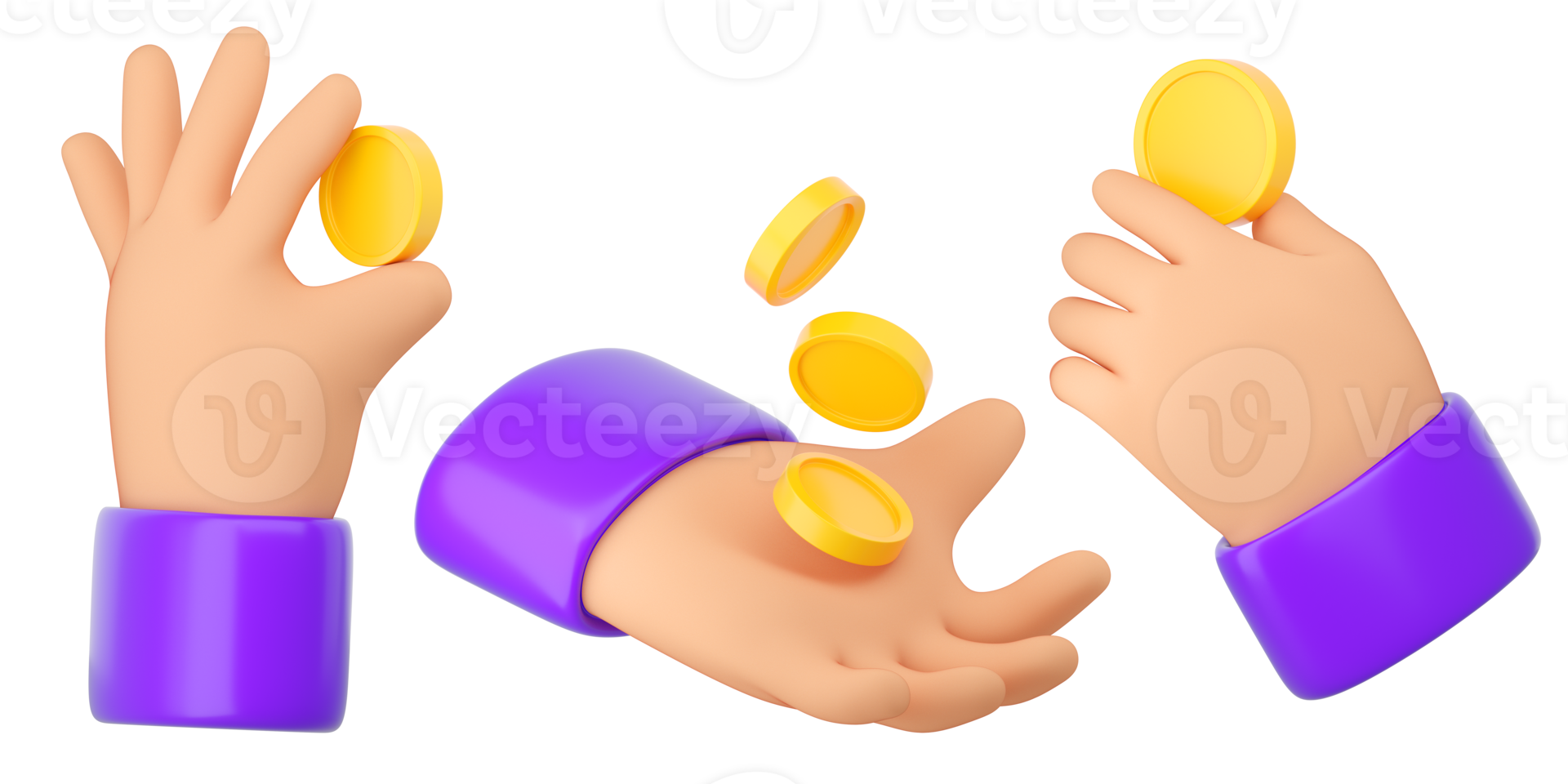 3d Human hands holding yellow gold coins set. Online payment, mobile bankind, transaction and shopping concept. High quality isolated render png