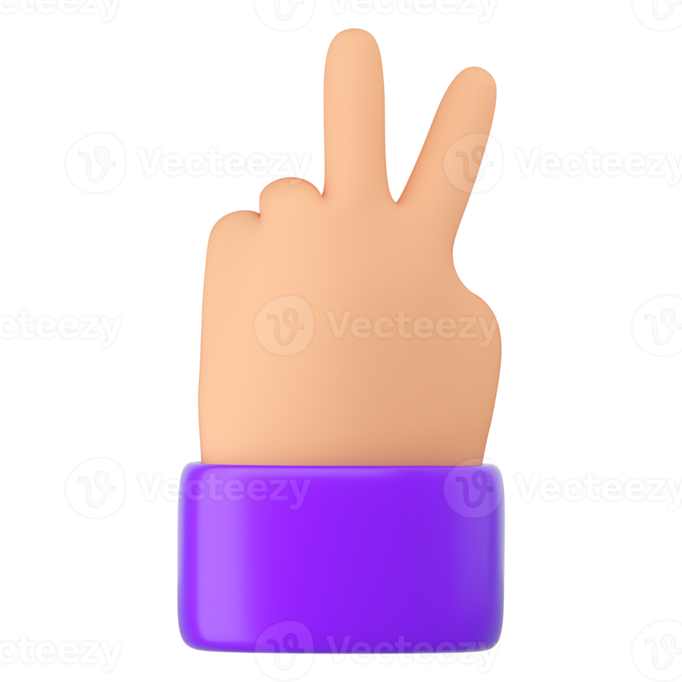 Peace sign human hand gesture. Love, peace, v or victory concept from fingers of cartoon character. Realistic 3d high quality render isolated png