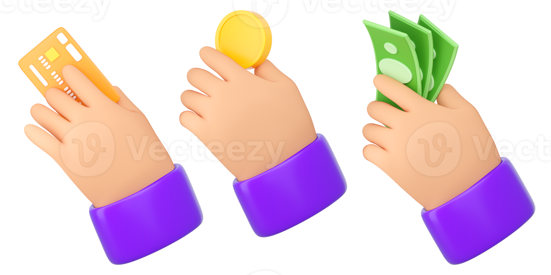 3d Human hands holding different kind of money. Banknote, coin and credit card. Online payment, mobile bankind, transaction, saving money and shopping concept. High quality isolated render png