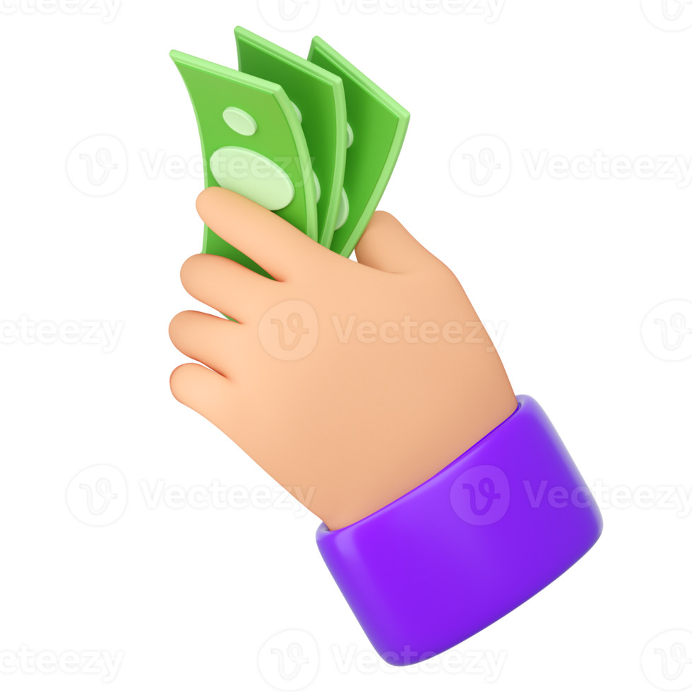 3d Human hands holding green banknotes. Online payment, mobile bankind, transaction, saving money and shopping concept. High quality isolated render png