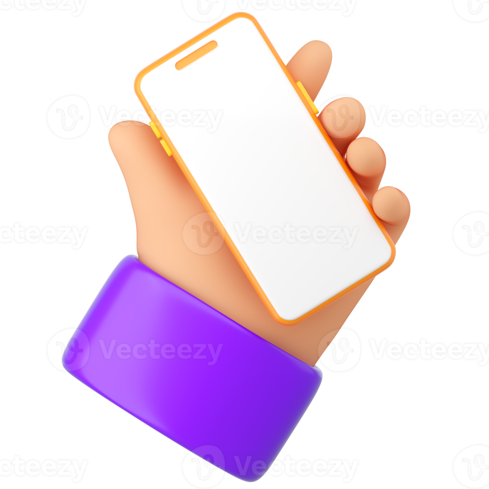 3d tekenfilm menselijk hand- houden smartphone. gebruik makend van telefoon concept. realistisch 3d hoog kwaliteit geven geïsoleerd Aan wit achtergrond png