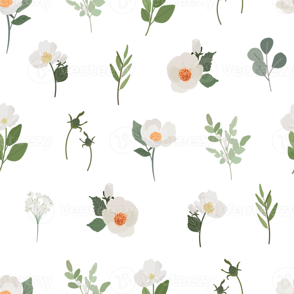 flat style white camellia flower seamless pattern png