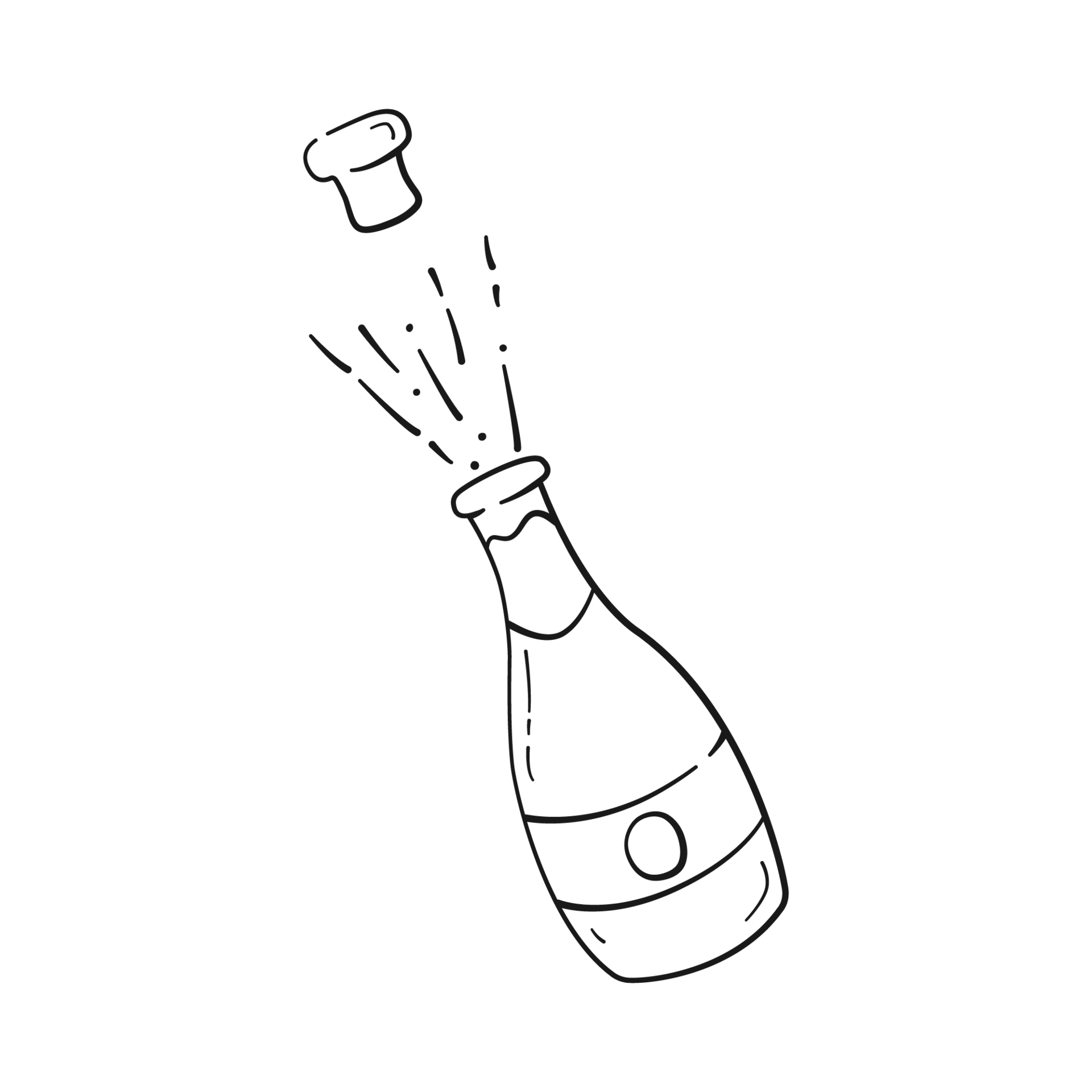 Champagne opening met plons in tekening stijl. Champagne fles in zwart