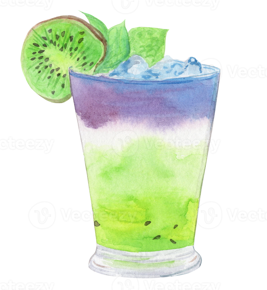 Aquarell handgezeichneter Fruchtcocktail mit grüner Kiwi und lila Blaubeere isoliert auf weißem Hintergrund png