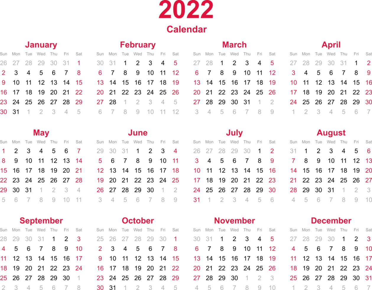 12 month calendar year 2022 on transparency background png