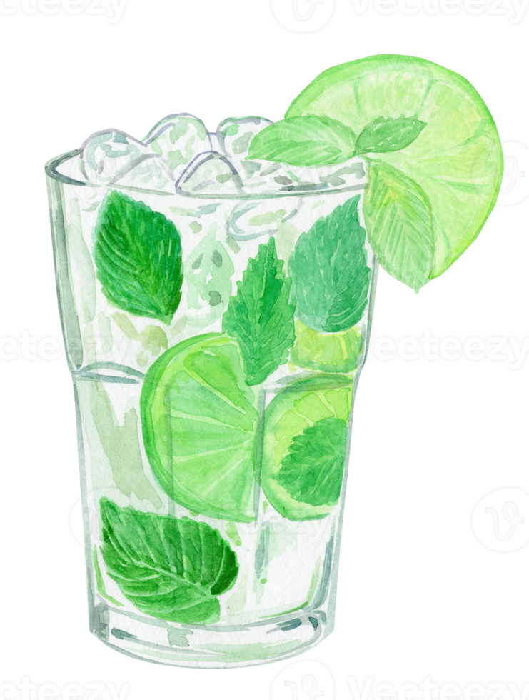 Aquarell handgezeichnetes grünes Mojito-Cocktailglas mit Minze, Limette und Eis isoliert auf weißem Hintergrund. alkoholgetränk in der barkarte png