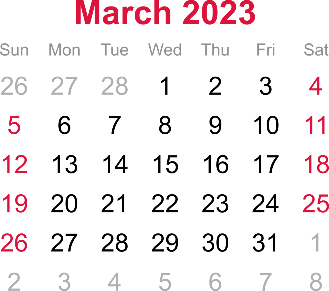 March calendar of 2023 on transparency background png