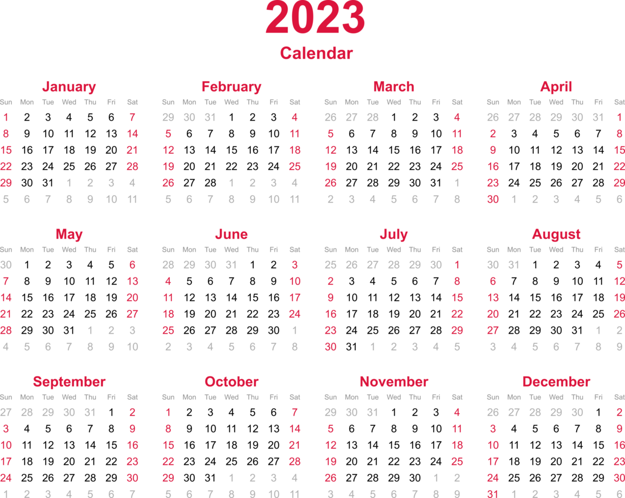 12-monatiges Kalenderjahr 2023 auf transparentem Hintergrund png