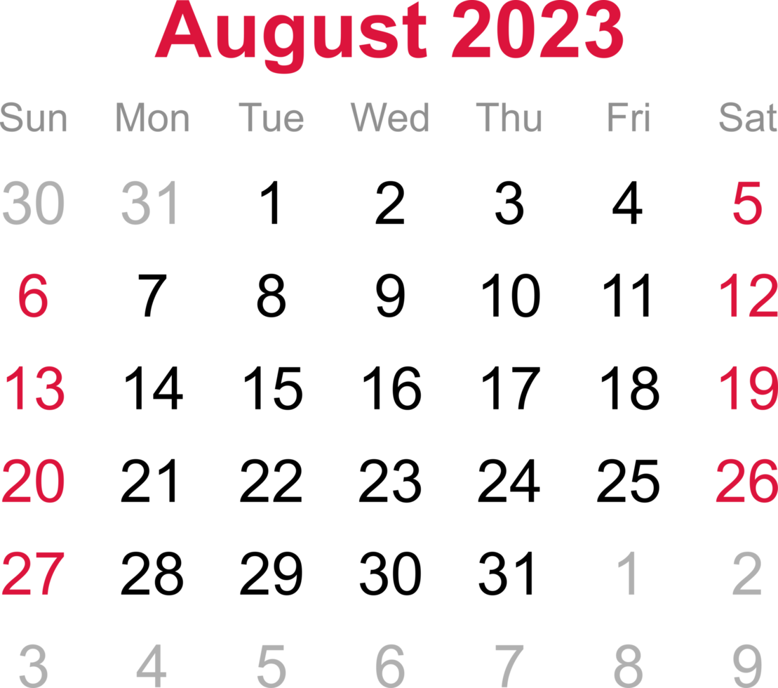 August-Kalender von 2023 auf transparentem Hintergrund png